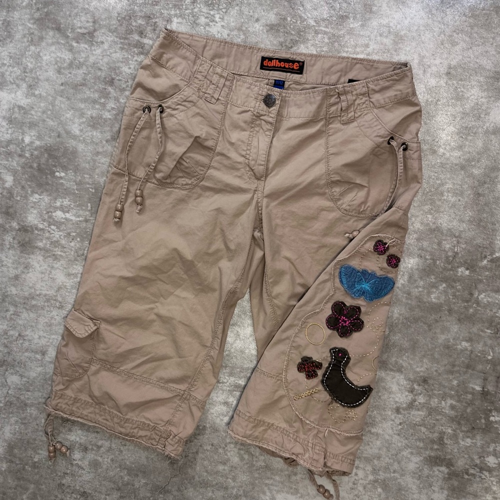 Dollhouse Tan Cargo Capris with Embroidered Applique Accents